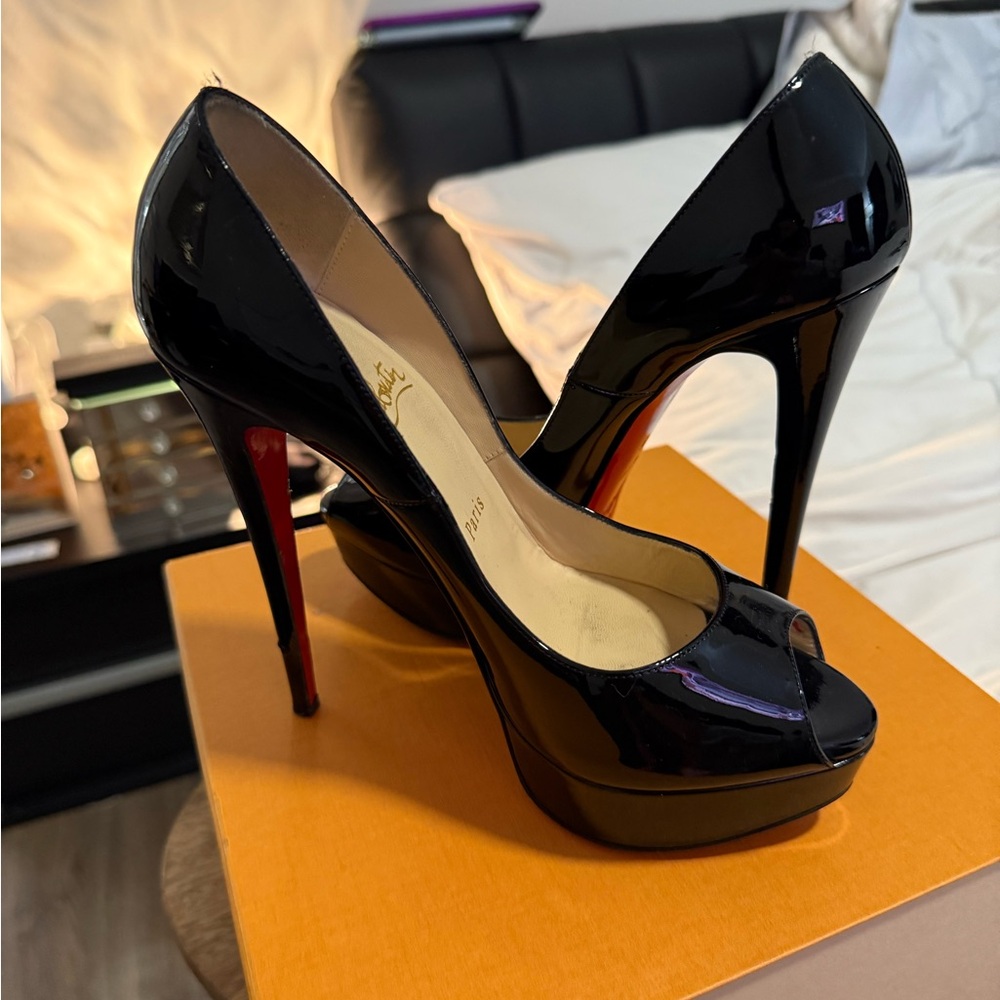 Christian Louboutin Black Patent Peep-Toe Heels